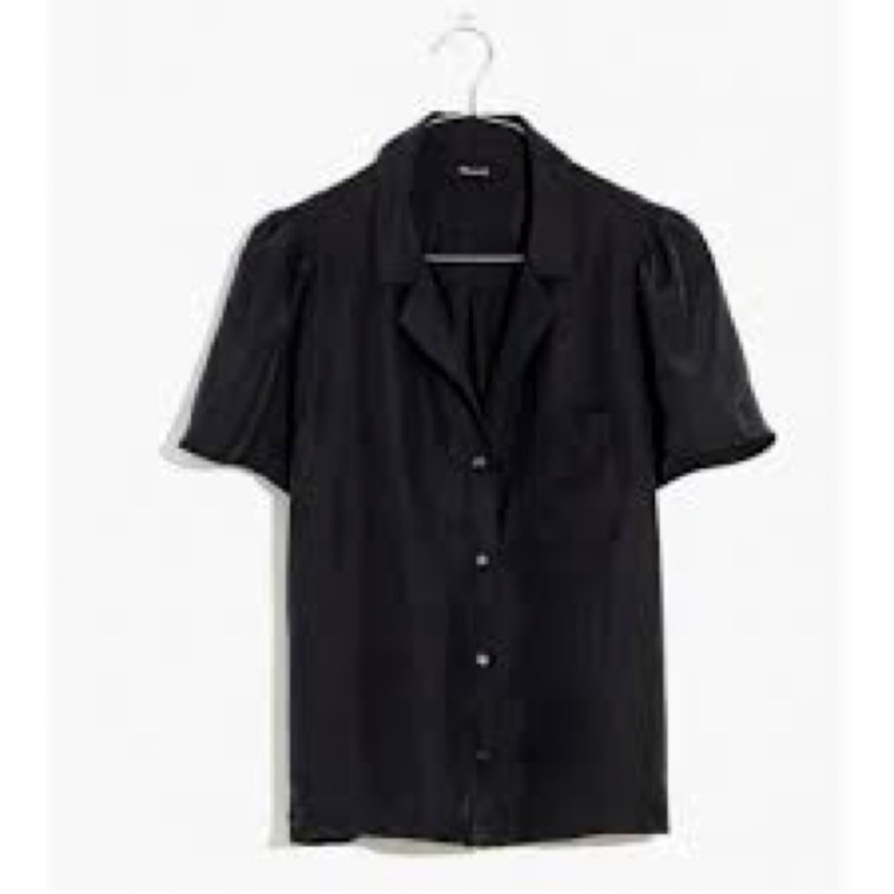 Madewell Women's $110 Silk Puff-Sleeve Camp Shirt Black Size XL NWT